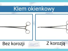 Klem okienkowy: narzędzia chirurgiczne nazwy. Po lewej klem bez korozji, po prawej z widocznymi śladami korozji.