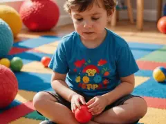 Chłopiec z zaburzeniem sensorycznym bawi się kolorowymi piłkami na macie.