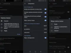 Ustawienia telefonu z włączonym ciemnym motywem Google. Wybór opcji: Zawsze, Automatycznie, Tylko w trybie oszczędzania baterii lub Nigdy.