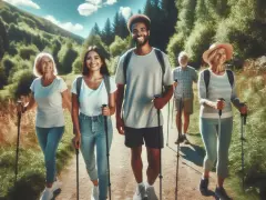 Grupa przyjaciół cieszy się spacerem z kijkami. Nordic walking to świetny sposób na spalanie kcal i poprawę kondycji na łonie natury.