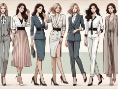 Eleganckie kobiety prezentują różne warianty dress code biznesowy damski: garnitury, spódnice i płaszcze.
