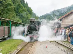Para z parą z lokomotywy na stacji w Bieszczadach. Rodziny z dziećmi z zachwytem obserwują pociąg.