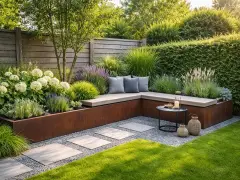 Eine tote Ecke im Garten gestalten: Eine L-förmige Holzbank mit Kissen, umgeben von Gräsern, Hortensien und Lavendel, schafft eine gemütliche Sitzecke.