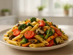 Penne z brokułami, pomidorkami, cukinią i pieczarkami. Pyszny makaron z warzywami na talerzu.