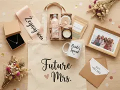 Elegancki prezent na wieczór panieński: torba z napisem "Future Mrs.", naszyjnik, kosmetyki, kubek "Bride's Squad", ramka ze zdjęciem i voucher.