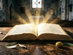 An open Bible on a wooden table, bathed in divine light. This image evokes the spiritual guidance and wisdom found within, touching on the rebuke meaning in the Bible.