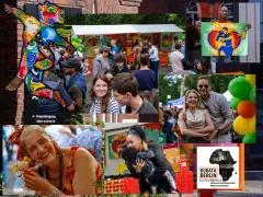 Bunte Kunstfigur und fröhliche Menschen beim **Carnival Berlin**. Ein Mann hält ein Plakat mit der Aufschrift "Danza de Coração".