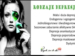 Kobieta z pękniętą twarzą, odsłaniającą zielone oczy, symbolizuje różne rodzaje depresji, takie jak endogenna, dwubiegunowa czy maskowana.