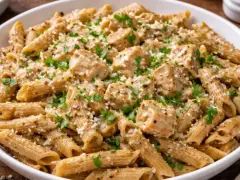 Pyszne danie z makaronem pełnoziarnistym penne, kawałkami kurczaka i parmezanem, posypane świeżą natką pietruszki.