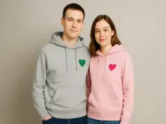 Szara bluza z zielonym sercem dla męża i różowa bluza z różowym sercem dla żony. Idealny komplet dla zakochanych.