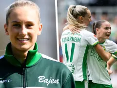 Glad svensk kvinnlig fotbollsspelare i Bajen-tröja, firar med lagkamrater på planen.