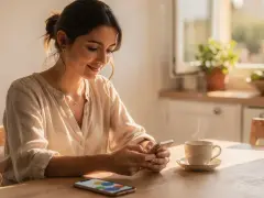 Mujer sonríe usando su móvil, con una taza de café y un gráfico en pantalla. Ideal para un programa para hacer presupuestos gratis.