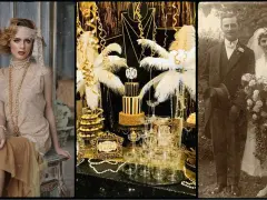 Eleganckie lata 20. stylizacje: kobieta w sukni z pereł, złoty tort i para młoda na ślubnym zdjęciu.
