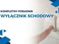 Kompletny poradnik: wyłącznik schodowy schemat. Palec naciska biały włącznik schodowy, symbolizując łatwość obsługi i zrozumienia instalacji elektrycznej.