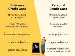 Comparison of business credit card vs personal credit card features, highlighting higher limits and employee cards for business.