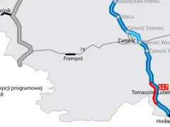 Mapa przedstawia przebieg drogi ekspresowej S17, z zaznaczonymi odcinkami istniejącymi (czarne), w realizacji (czerwone) oraz w fazie koncepcji (niebieskie).