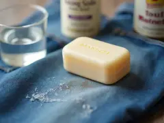 Savon, eau et bicarbonate de soude pour enlever une tache de gras sur un jean.