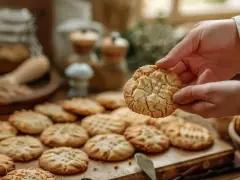 Une main tient un biscuit aux cookies chocolat craquelé. Une planche remplie de biscuits similaires est visible en arrière-plan.
