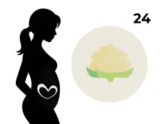 Silhouette einer schwangeren Frau mit einem Herzsymbol auf dem Bauch. Daneben eine Blume, die an Blumenkohl erinnert, und die Zahl 24. 24. SSW.