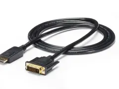 En svart kabel med en DisplayPort-kontakt i ena änden och en DVI-kontakt i den andra. En jämförelse av displayport vs dvi.