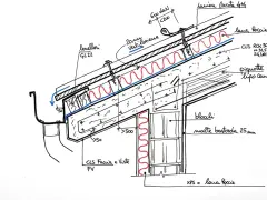 Dettaglio costruttivo di una copertura in laterocemento con isolamento in lana roccia e blocchi in malta.