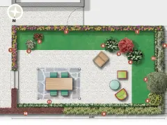 Un terrazzo sul tetto con prato, aiuole fiorite, mobili da esterno e un tavolo da pranzo.
