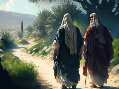 Zwei Männer, die an die Auferstehung Christi denken, wandern auf einem staubigen Weg durch eine sonnige Landschaft.
