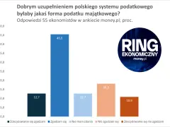 Wykres słupkowy pokazuje opinie ekonomistów na temat podatku majątkowego. Najwięcej, 45,5%, zgadza się z wprowadzeniem takiej formy opodatkowania.