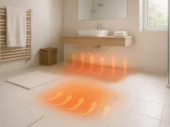 Chaleur douce émanant du sol carrelé, symbolisant l'efficacité d'un entretien plancher chauffant pour un confort optimal.