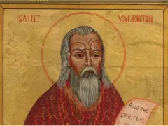 Ikona przedstawia św. Walentego z siwą brodą i włosami, trzymającego zwój. To ilustracja do legendy o świętym Walentym dla dzieci.