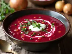 Aksamitna zupa buraczkowa, jak u babci, z kleksem śmietany i posiekaną natką pietruszki.