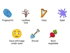 Sechs neue WhatsApp Emojis: Fingerabdruck, kahler Baum, Harfe, Farbklecks, müdes Gesicht, Schaufel, Wurzelgemüse.
