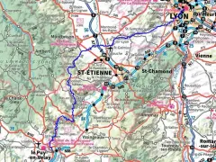 Carte routière de la région Auvergne-Rhône-Alpes, avec les villes de Lyon, Saint-Étienne et Vienne. La gr 765 carte indique des routes nationales et départementales.