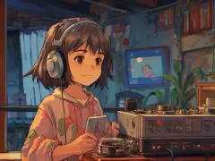 Dziewczynka w słuchawkach cieszy się relaksującą muzyką lofi, trzymając w dłoni telefon. W tle widać sprzęt audio i przytulne wnętrze.