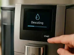Une main appuie sur le bouton "Start" d'une machine Nespresso. L'écran affiche "Descaling" avec une barre de progression, indiquant le début du détartrage.