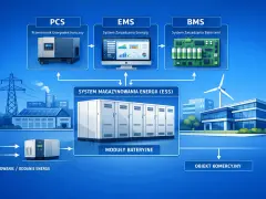 Schemat agregatora energii: PCS, EMS, BMS zarządzają systemem magazynowania energii (ESS) z modułami bateryjnymi, zasilając obiekt komercyjny.