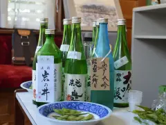 Butelki z japońskim alkoholem, idealne, gdy szukasz, czym zastąpić sake. Obok miseczka z edamame.