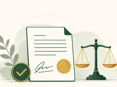 Documento firmato con sigillo, bilancia della giustizia e segno di spunta verde. Rappresenta la conferma preventivo.