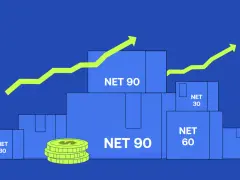 Blue boxes labeled "NET 90", "NET 60", and "NET 30" are stacked, with coins and upward trending arrows suggesting financial growth.