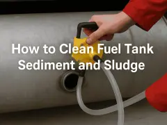 A hand in a red sleeve uses a yellow pump to begin fuel tank cleaning, removing sediment and sludge.