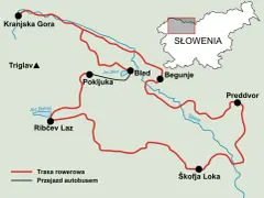 Mapa Słowenii z zaznaczonymi trasami rowerowymi wokół Jeziora Bohinj, Bled, Kranjskiej Gory i innych malowniczych miejsc.