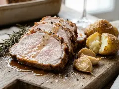 Arista di maiale succulenta, affettata e servita con patate arrosto, aglio e rosmarino su un tagliere di legno.