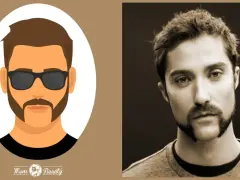 Ilustración y foto de hombre con corte de patillas y barba de chivo.