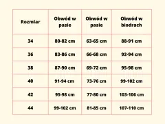 Tabela rozmiarów od 34 do 44. Rozmiar 40 odpowiada obwodowi w pasie 91-94 cm i biodrach 99-102 cm.