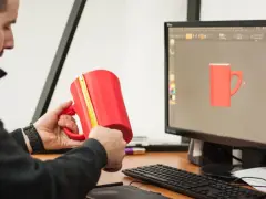 Mężczyzna mierzy czerwoną kubek 3d, porównując go z modelem na ekranie komputera.