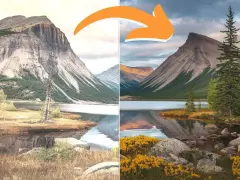 Avant/après d'un paysage de montagne et lac. Idéal pour apprendre à faire des photos et sublimer vos clichés.