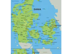 Mapa Danii z zaznaczoną Kopenhagą. Gdzie jest Kopenhaga? Na wschodnim wybrzeżu, na wyspie Zelandia.