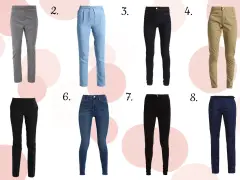 Osiem par spodni: szare w kratkę, błękitne jeansy, czarne rurki, beżowe chinosy, czarne eleganckie, niebieskie jeansy, czarne skinny, granatowe. Jaki to rozmiar?