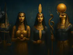 Postacie z mitologii egipskiej: Anubis z wagą, dwie kobiety, jedna z dzbanem, druga z piórem, oraz Horus z dyskiem słonecznym.