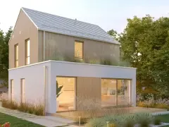 Nowoczesny dom z drewnianą elewacją i dużymi oknami, otoczony zielenią. Idealny przykład darmowych projektów domów, które można zrealizować.